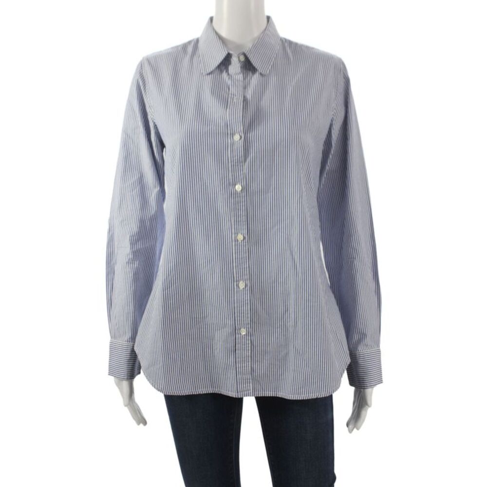 Nili Lotan Womens Striped Collared Cotton Long Sleeve Button-Up Blue Size S
